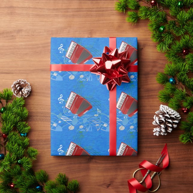 The Red Accordion, Blue Music Design Wrapping Paper (Holiday Gift)