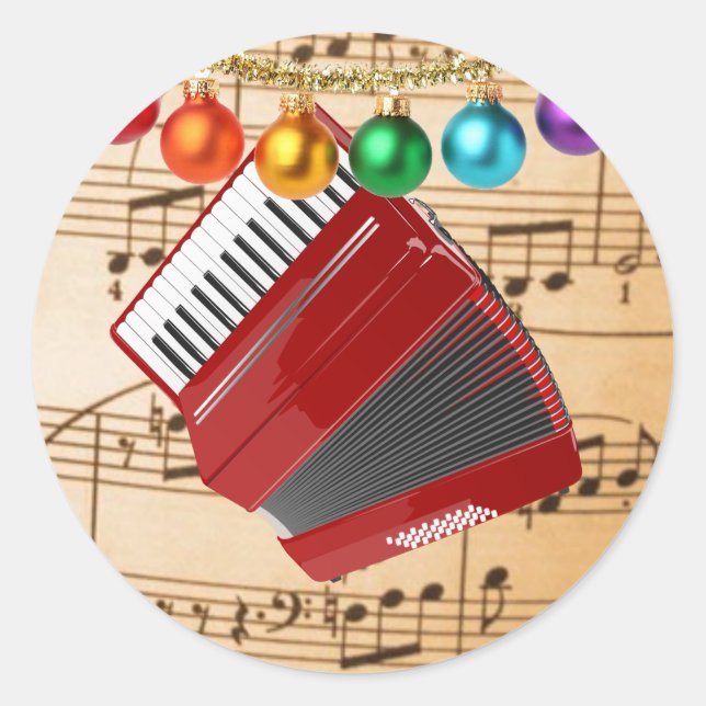 The Red Accordion, Christmas Design, Classic Round Sticker (Front)