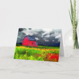 The red barn, Greeting card, barn, farm, Sunflower Card