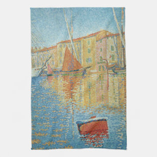 The Red Buoy by Paul Signac, Vintage Pointillism Tea Towel