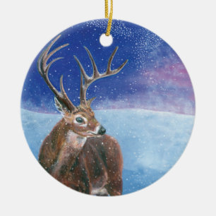 The red Deer Cervus elaphus and Winter Landscape   Ceramic Tree Decoration