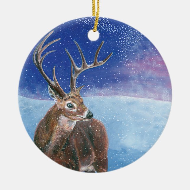 The red Deer Cervus elaphus and Winter Landscape   Ceramic Tree Decoration (Front)