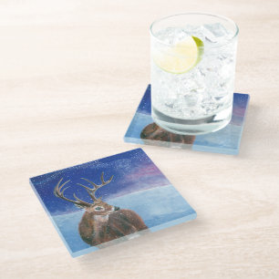 The red Deer Cervus elaphus and Winter Landscape  Glass Coaster