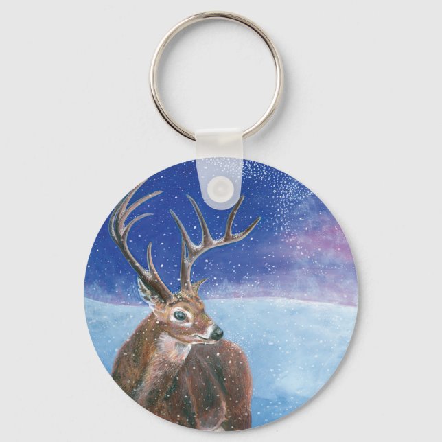 The red Deer Cervus elaphus and Winter Landscape  Key Ring (Front)
