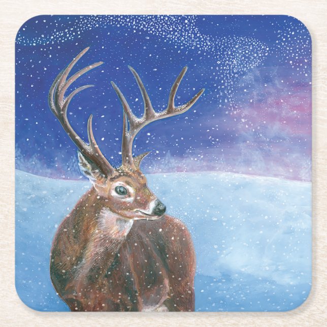 The red Deer Cervus elaphus and Winter Landscape   Square Paper Coaster (Front)