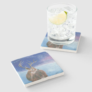 The red Deer Cervus elaphus and Winter Landscape Stone Coaster