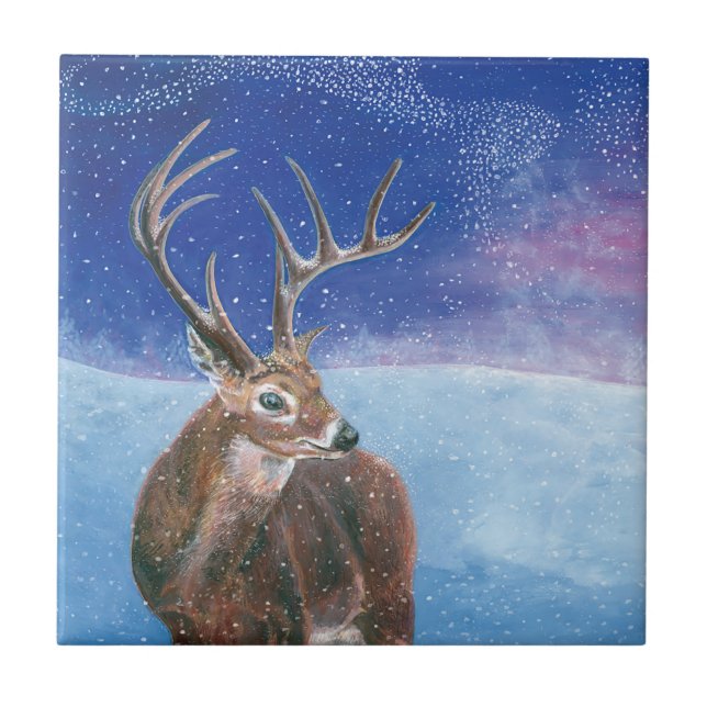 The red Deer Cervus elaphus and Winter Landscape  Tile (Front)