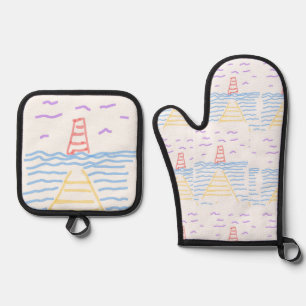 The Red Lighthouse and the Yellow Pier Oven Mitt & Pot Holder Set