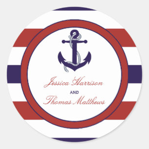 The Red & Navy Nautical Anchor Wedding Collection Classic Round Sticker