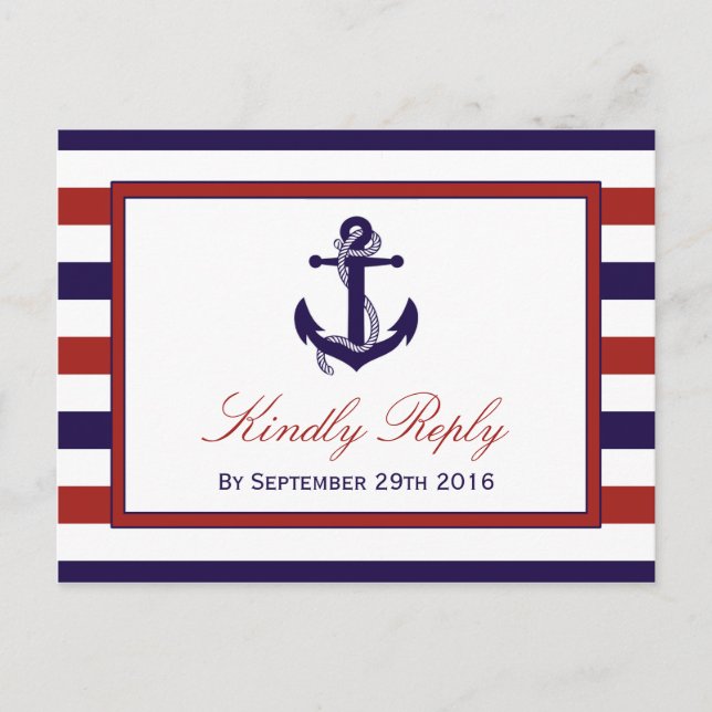 The Red & Navy Nautical Anchor Wedding Collection Invitation Postcard (Front)