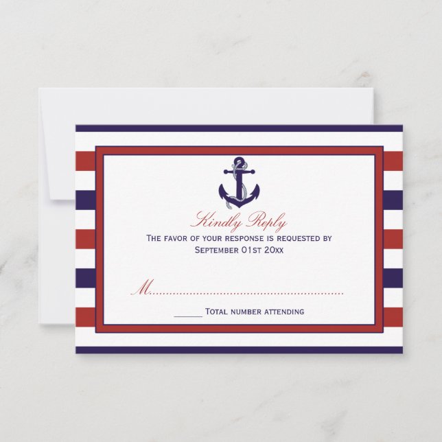 The Red & Navy Nautical Anchor Wedding Collection RSVP Card (Front)