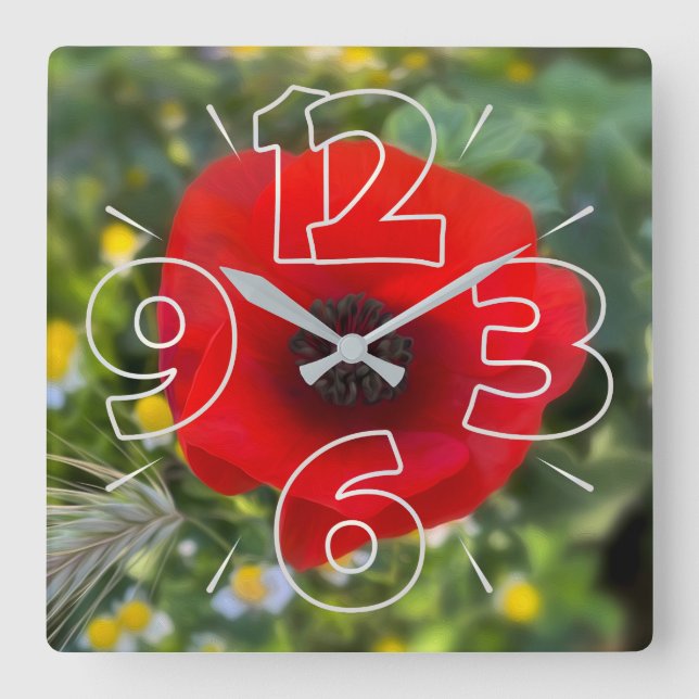 The red poppy square wall clock (Front)