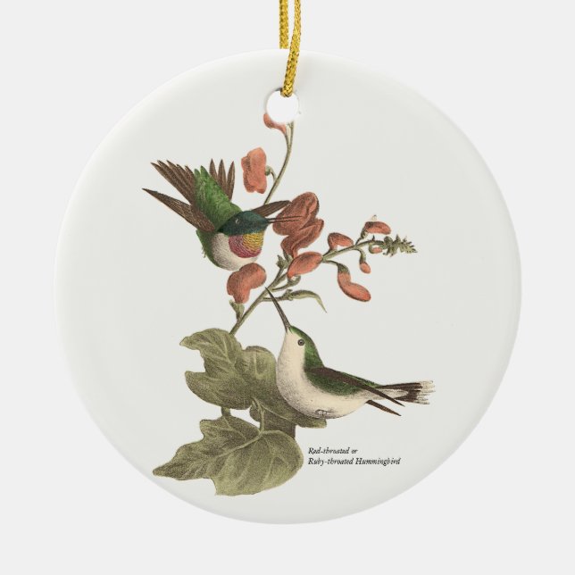 The Red-throated or Ruby-throated Hummingbird Ceramic Tree Decoration (Front)