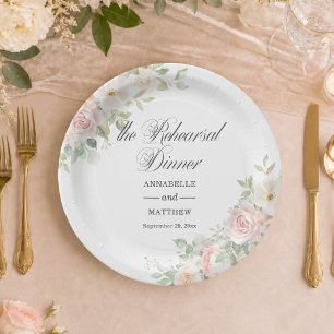 The Rehearsal Dinner Soft Blush Roses Wedding Paper Plate