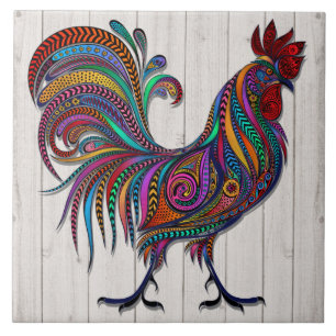 The Resplendent Rooster Tile on WOOD IMAGE