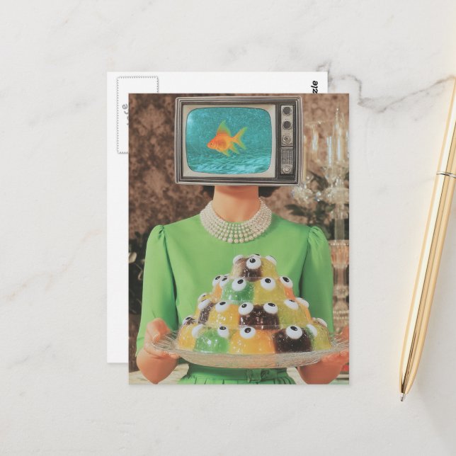 The retro fish eye gelatin dinner woman postcard (Front/Back In Situ)