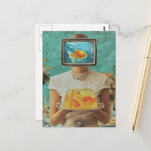 The retro fish gelatin dinner woman postcard