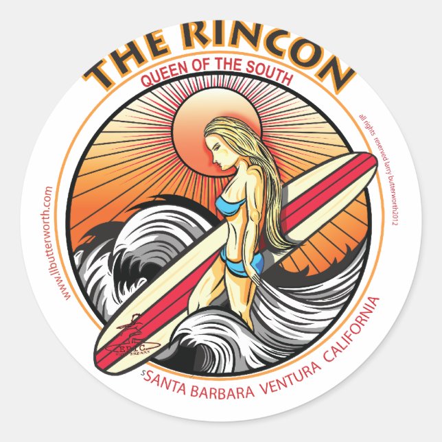 THE RINCON CALIFORNIA SURFING CLASSIC ROUND STICKER (Front)