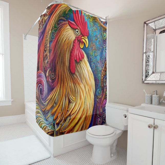 The Rooster's Portrait Shower Curtain (In Situ)