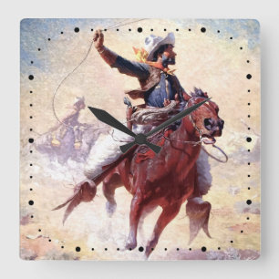 The Roping 1914 Range Cowboy William R Leigh Square Wall Clock
