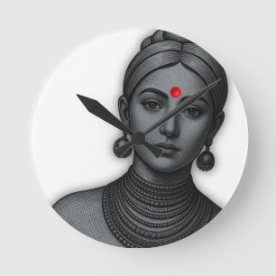 The Royal Gaze - Indian Queen Line Art Round Clock