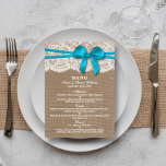 The Rustic Blue Bow Wedding Collection Menu Card<br><div class="desc">The rustic blue bow wedding collection is a stunning design featuring a lovely rustic burlap effect background with a romantic vintage white lace effect trim and a stunning blue bow. These menus can be personalised for your special occasion and would make the perfect template for wedding menus, bridal shower menus,...</div>