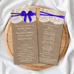 The Rustic Blue Bow Wedding Collection Programs Rack Card<br><div class="desc">The rustic blue bow wedding collection is a stunning design featuring a lovely rustic burlap effect background with a romantic vintage white lace effect trim and a stunning blue bow. These programs can be personalised for your special occasion and would make the perfect template for weddings, bridal showers, engagement parties,...</div>