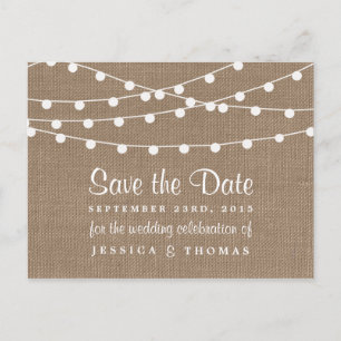 The Rustic Burlap String Lights Wedding Collection Announcement Postcard