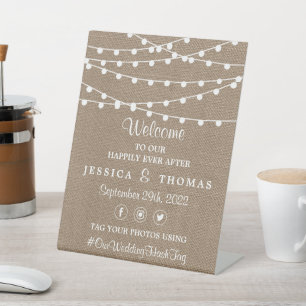 The Rustic Burlap String Lights Wedding Collection Pedestal Sign
