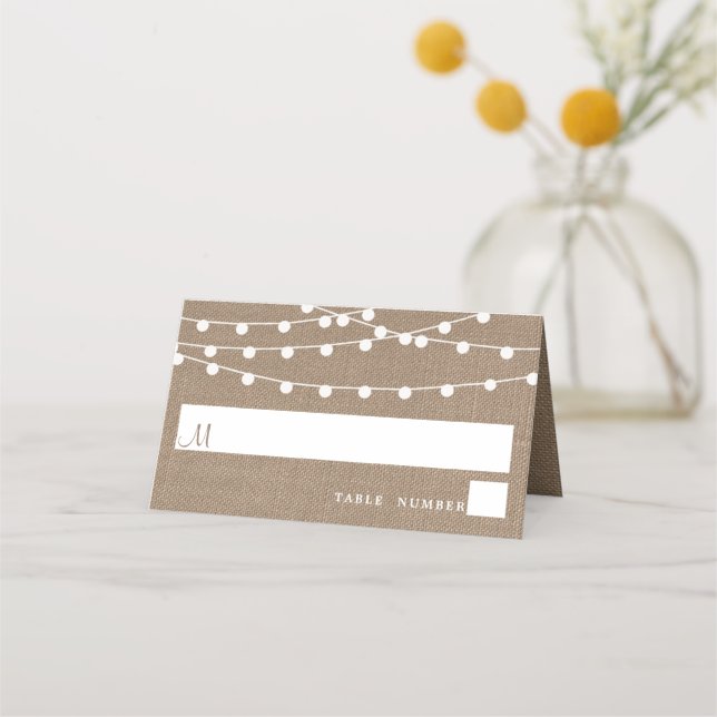 The Rustic Burlap String Lights Wedding Collection Place Card (Front)