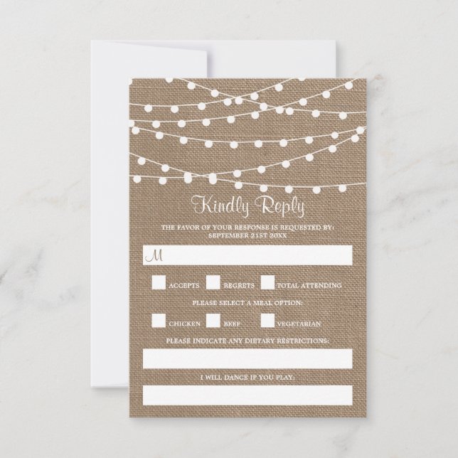 The Rustic Burlap String Lights Wedding Collection RSVP Card (Front)
