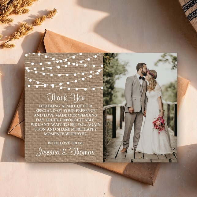 The Rustic Burlap String Lights Wedding Collection Thank You Card (Creator Uploaded)