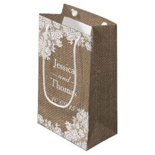 The Rustic Burlap & Vintage White Lace Collection Small Gift Bag