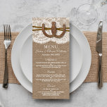 The Rustic Horseshoe Wedding Collection Menu Card<br><div class="desc">The rustic horseshoe collection is a stunning design featuring a lovely rustic burlap effect background with a romantic vintage white lace effect trim finished with two lucky intertwined horseshoes and twine. These menu cards can be personalised for your special occasion and would make the perfect template for a rustic wedding...</div>