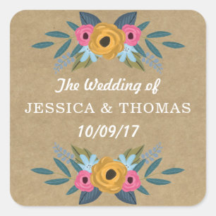The Rustic Kraft Floral Wreath Wedding Collection Square Sticker