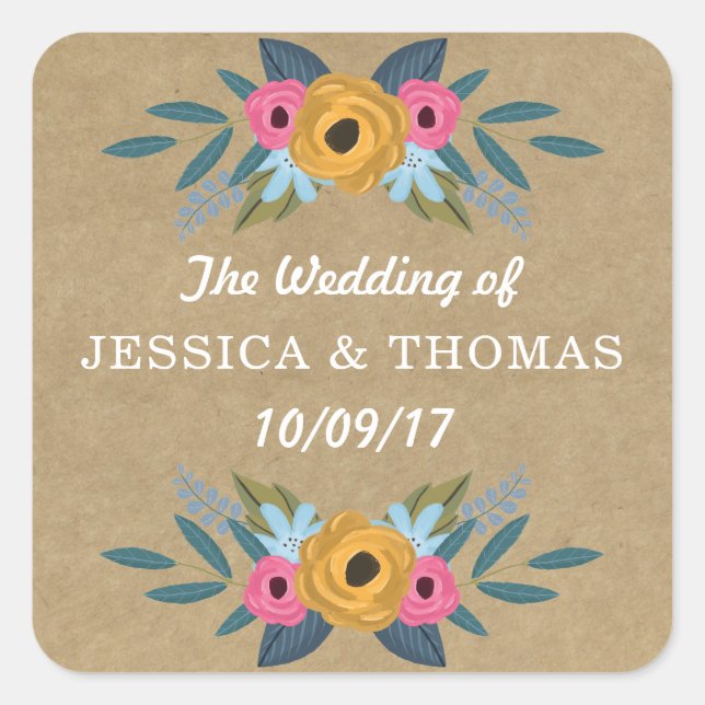 The Rustic Kraft Floral Wreath Wedding Collection Square Sticker (Front)