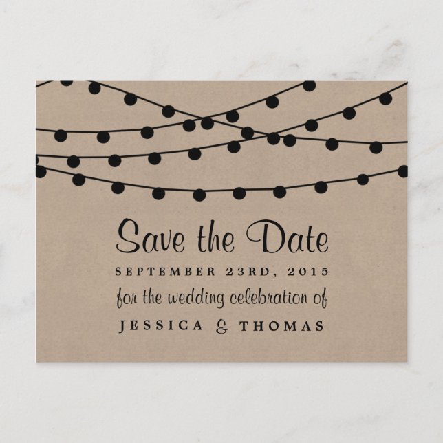 The Rustic Kraft String Lights Wedding Collection Announcement Postcard (Front)