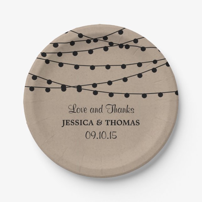 The Rustic Kraft String Lights Wedding Collection Paper Plate (Front)