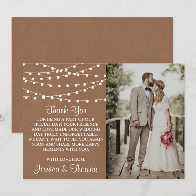 The Rustic Kraft String Lights Wedding Collection Thank You Card (Front/Back)