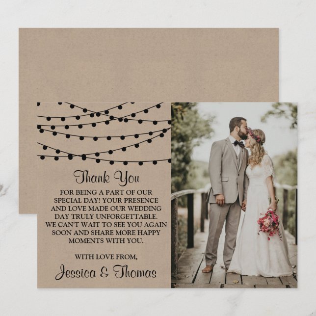 The Rustic Kraft String Lights Wedding Collection Thank You Card (Front/Back)