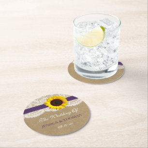 The Rustic Kraft Sunflower Wedding Collection Round Paper Coaster