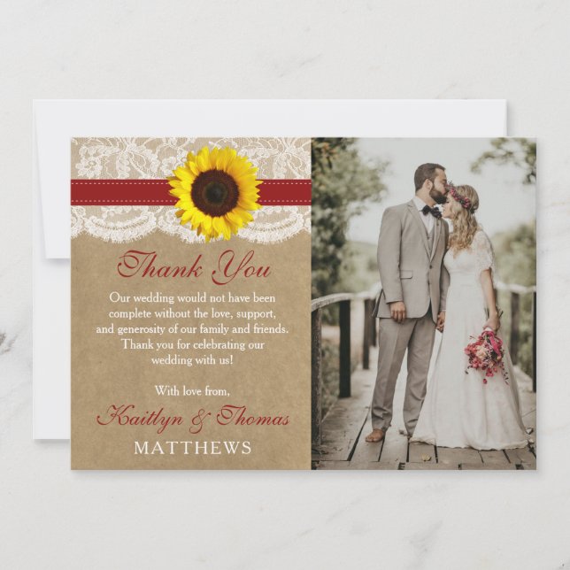 The Rustic Kraft Sunflower Wedding Collection Thank You Card (Front)
