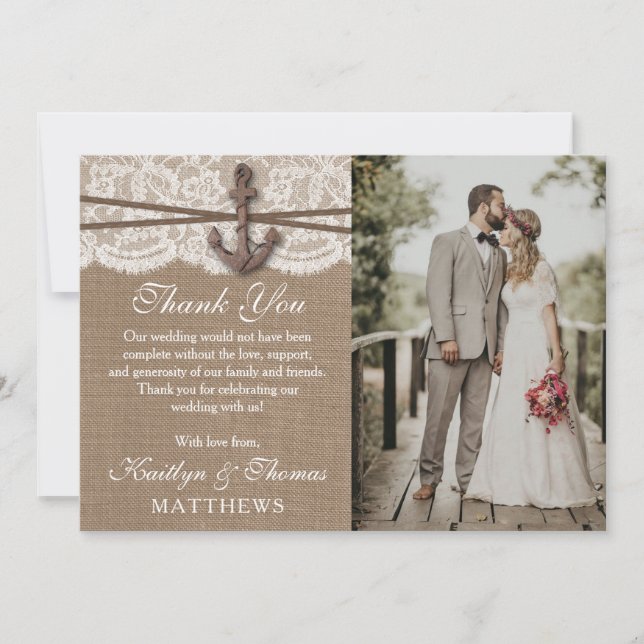 The Rustic Nautical Anchor Wedding Collection Thank You Card (Front)