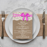 The Rustic Pink Bow Wedding Collection Menu Card<br><div class="desc">The rustic pink bow wedding collection is a stunning design featuring a lovely rustic burlap effect background with a romantic vintage white lace effect trim and a stunning pink bow. These menus can be personalised for your special occasion and would make the perfect template for wedding menus, bridal shower menus,...</div>