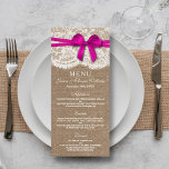 The Rustic Pink Bow Wedding Collection Menu Card<br><div class="desc">The rustic pink bow wedding collection is a stunning design featuring a lovely rustic burlap effect background with a romantic vintage white lace effect trim and a stunning pink bow. These menus can be personalised for your special occasion and would make the perfect template for wedding menus, bridal shower menus,...</div>