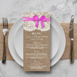 The Rustic Pink Bow Wedding Collection Menu Card<br><div class="desc">The rustic pink bow wedding collection is a stunning design featuring a lovely rustic burlap effect background with a romantic vintage white lace effect trim and a stunning pink bow. These menus can be personalised for your special occasion and would make the perfect template for wedding menus, bridal shower menus,...</div>
