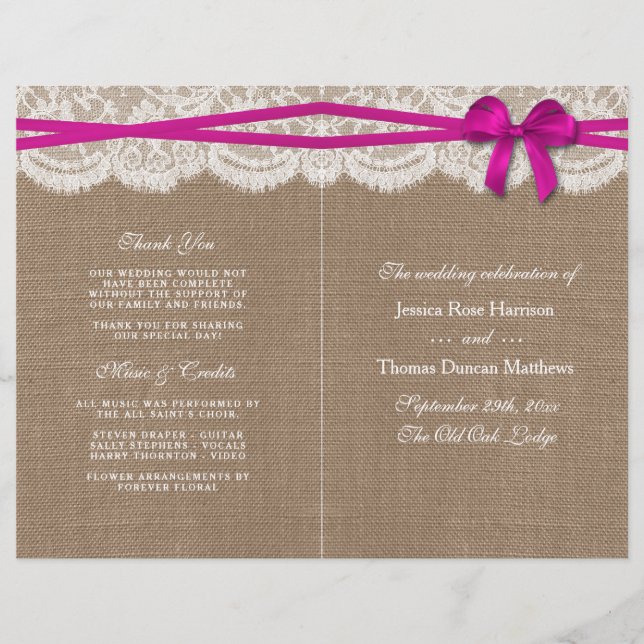 The Rustic Pink Bow Wedding Collection Programs (Front)