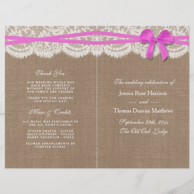 The Rustic Pink Bow Wedding Collection Programs (Front)