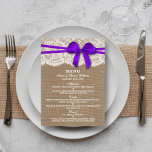 The Rustic Purple Bow Wedding Collection Menu Card<br><div class="desc">The rustic purple bow wedding collection is a stunning design featuring a lovely rustic burlap effect background with a romantic vintage white lace effect trim and a stunning purple bow. These menus can be personalised for your special occasion and would make the perfect template for wedding menus, bridal shower menus,...</div>