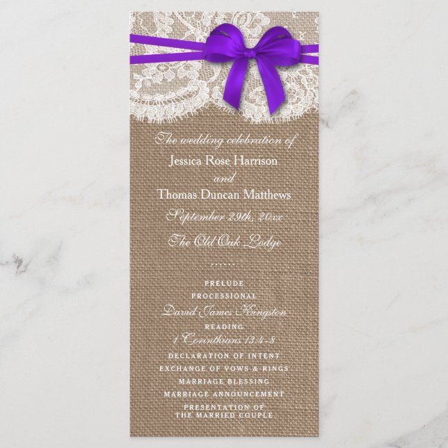 The Rustic Purple Bow Wedding Collection Programs Programme (Front)